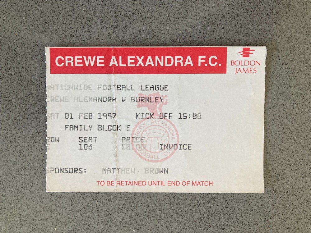 Crewe Alexandra v Burnley 1996-97 Match Ticket