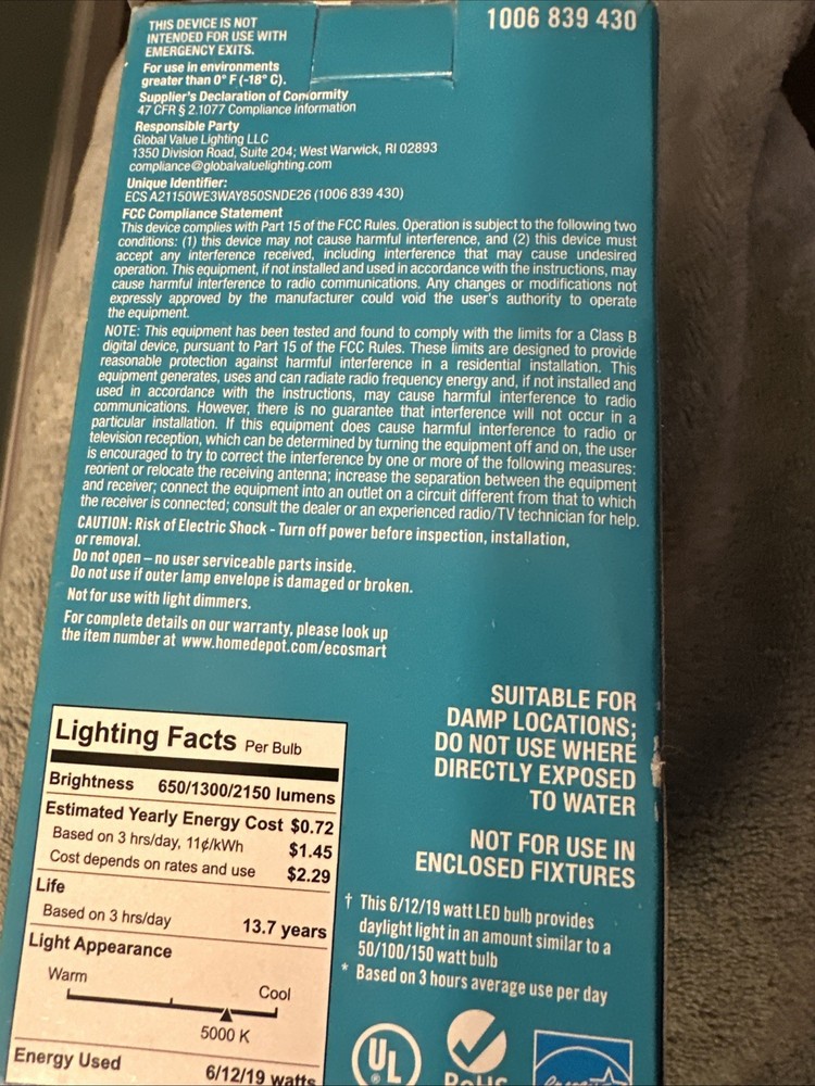 EcoSmart A21 Energy Star 3-Way LED Light Bulb Daylight FG-04257