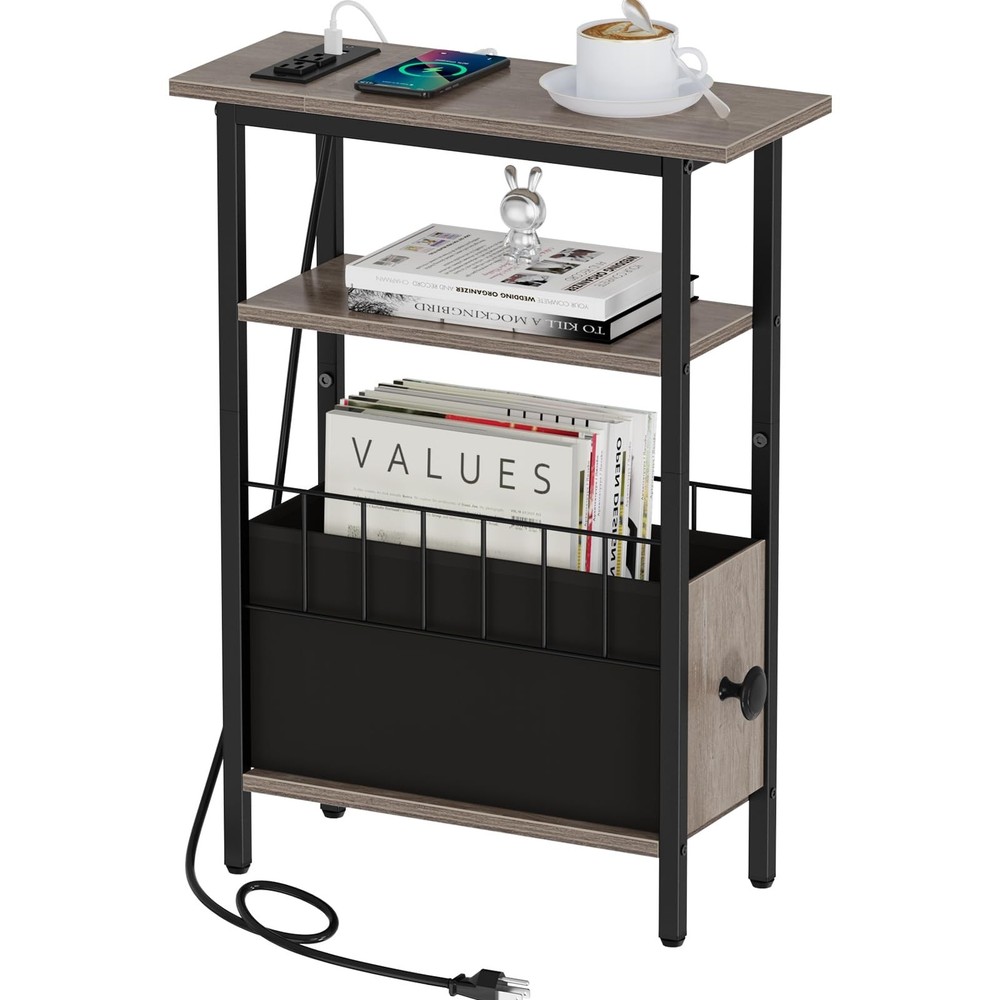 Snughome Narrow Side Table with Charging Station, Slim End Table for Small Sp...