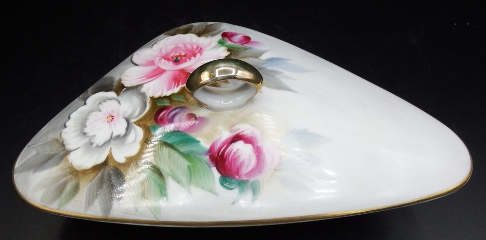 German Porcelain Triangular Floral Candy dish w/lid