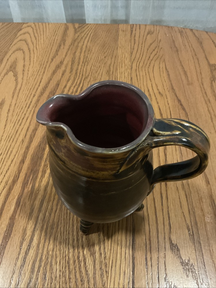 Studio Art Pottery Pitcher Brown Stoneware Footed Stripes 6.5” Tall
