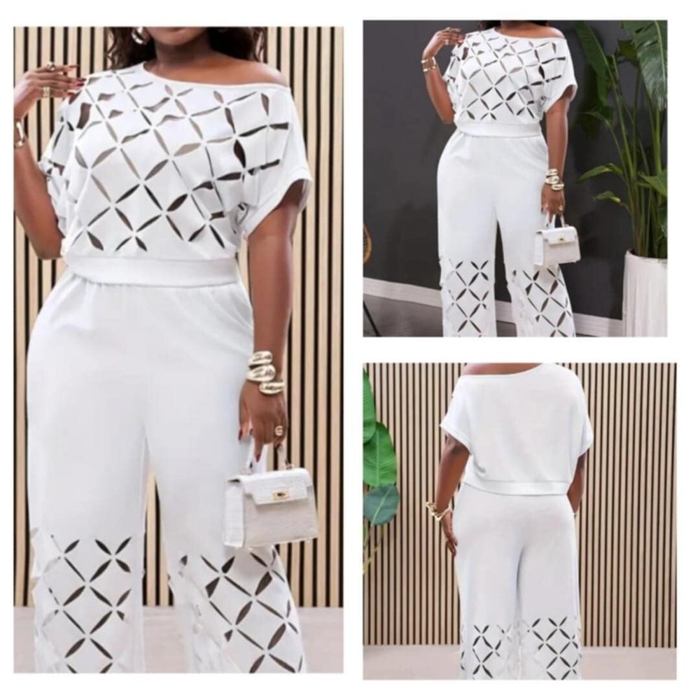 White Asymmetrical Shoulder Embroidery Two-Piece Set