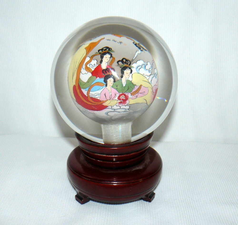 Chinese Reverse Painted Rotating Crystal Ball On Stand