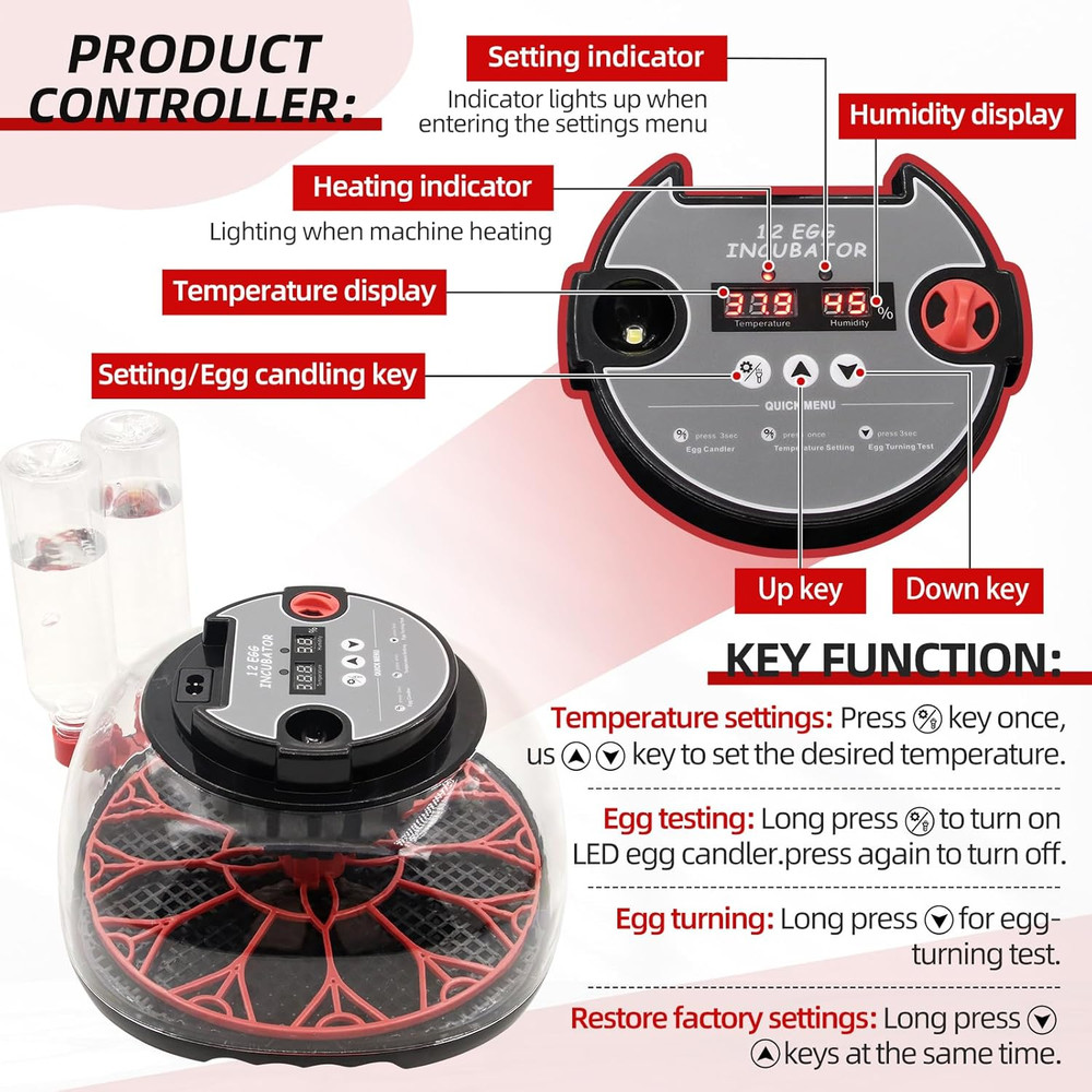 12 Egg Incubator with Humidity Display, Egg Incubator with Automatic Egg Turning