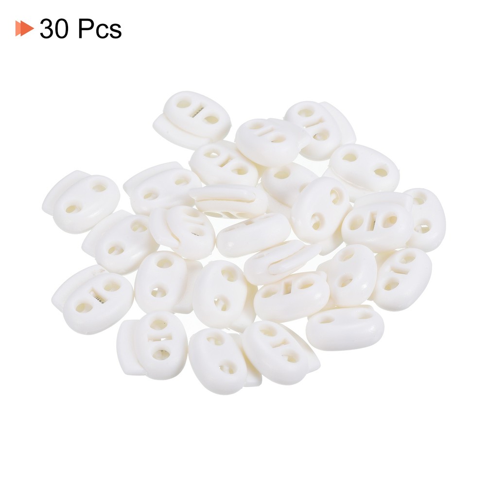 0.7x0.8" Cord Locks, 30 Pack Double Hole Spring End Toggle Stopper, White
