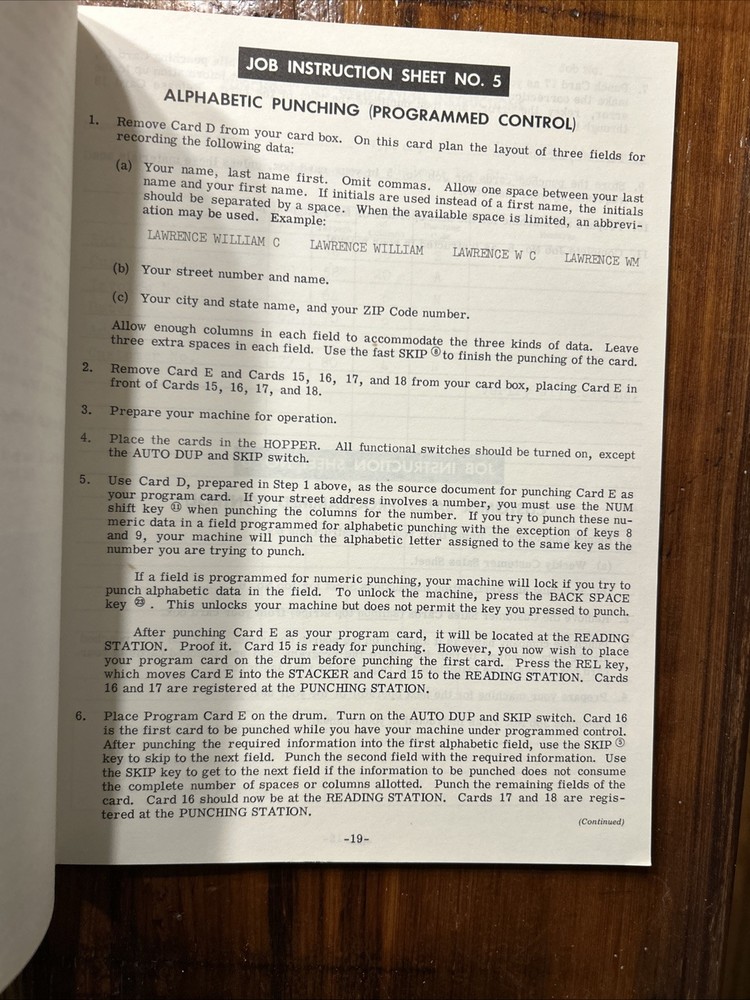 1969 Job Instructions For Key-Punch Training Course
