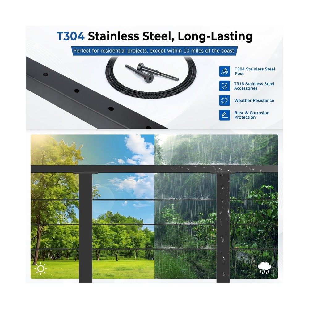 36" Expandable 16-20FT Black T304 Cable Railing Post Kit, Complete Cable Rail...
