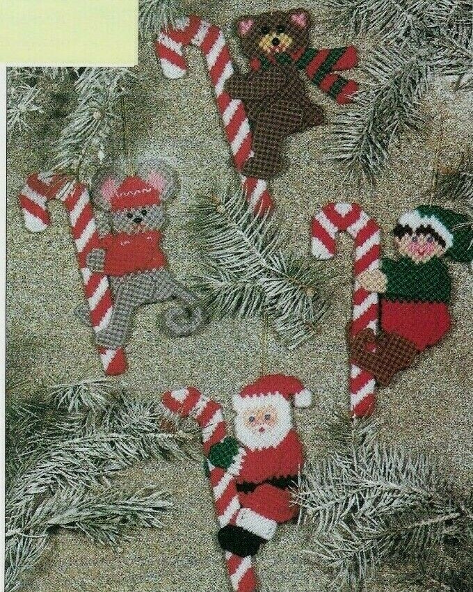 CANDY CANE HUGGERS 4 CHRISTMAS ORNAMENTS PLASTIC CANVAS PATTERN INSTRUCTIONS