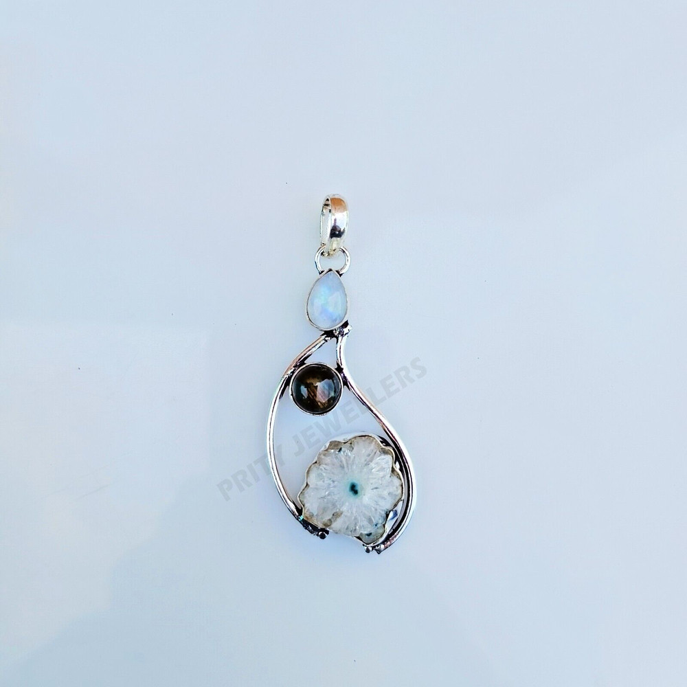 White Druzy, Moonstone & Labradorite Gemstone Pendant 925 Sterling Silver