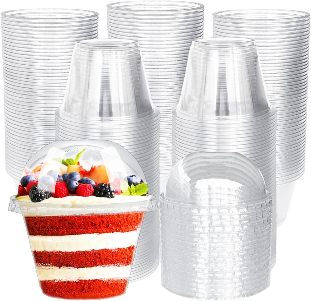 Plastic Dert Cups, Disposable Parfait Cups with Dome Lids,