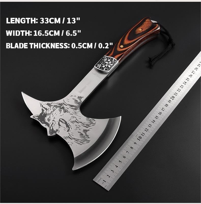 Camping Hatchet W/ Nylon Sheath,Tomahawk Viking Axe Etched Wolf Head Stainless