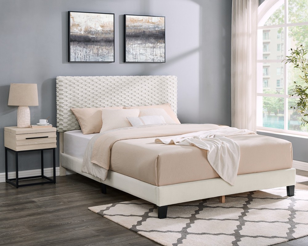 2-Piece Bedroom Set, Plush 3D Upholstered Bed with Nightstand, Queen