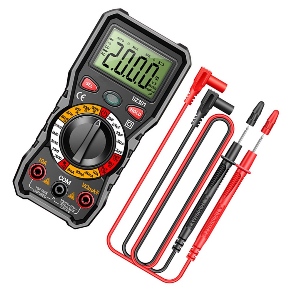 Digital Multimeter Auto-Ranging 600V 10A Measures AC DC Volt Amp Ohm Temp Diode