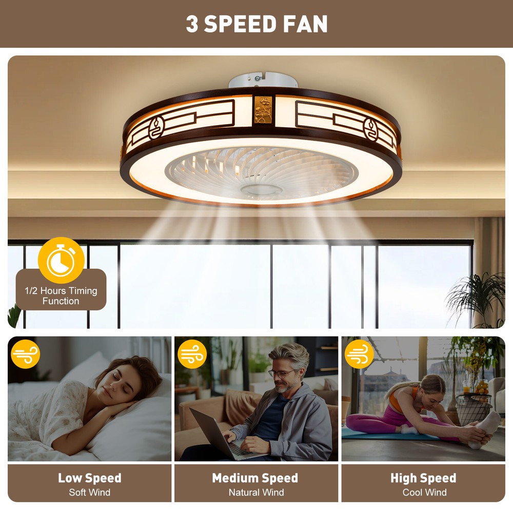 LED Ceiling Fan  Light Modern Dimmable Chandelier Lamp w/Remote Control Round US