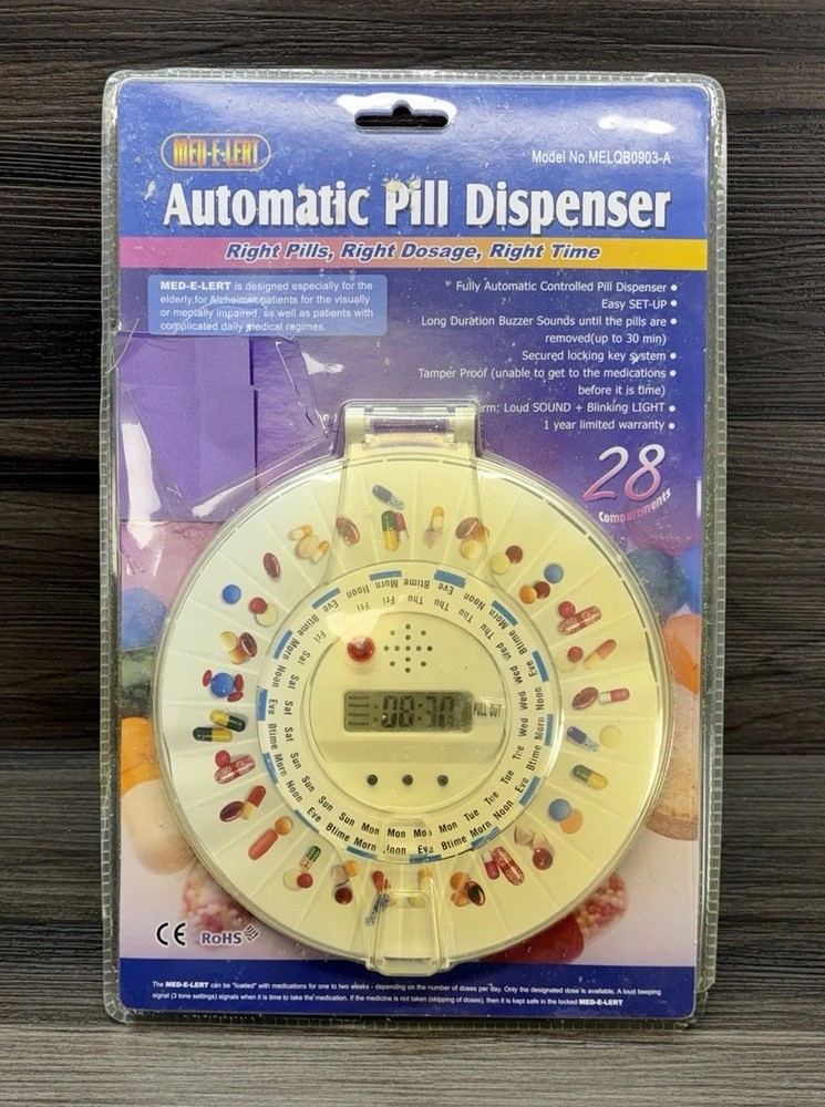 Med-E-Lert Automatic Pill Dispenser 28 Compartment Locking Timer *NOS*