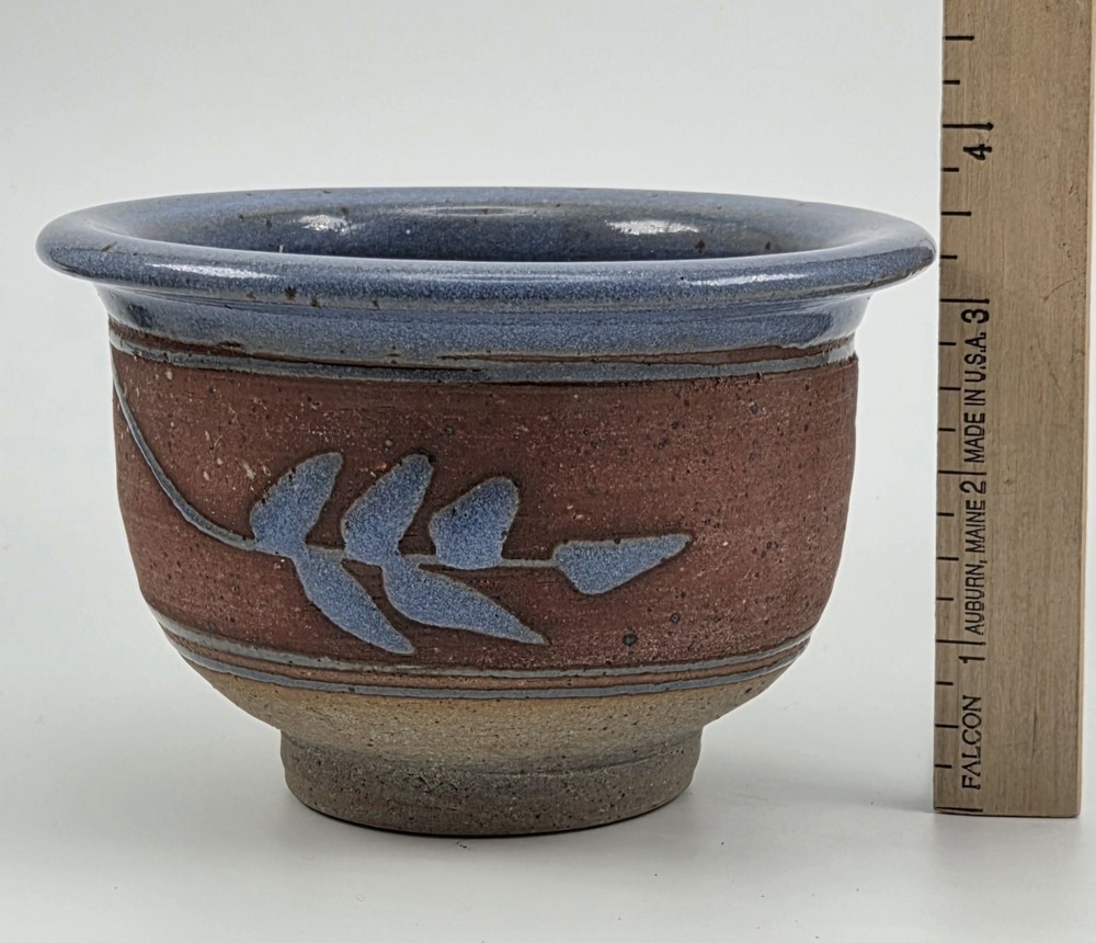 Stoneware Pottery Planter Pot Rustic Glossy Blue Raised Leaf Reddish Matte Small