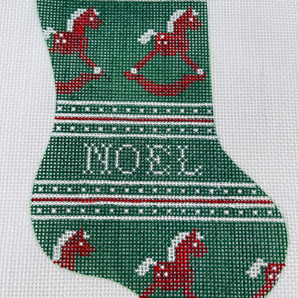 1982 Vintage Hand Painted Needlepoint Pattern Canvas Stocking Noel Rocking Horse