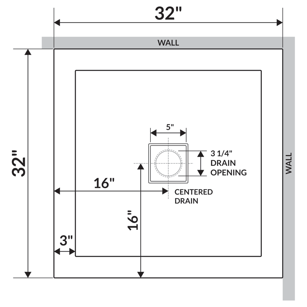 32"x32" Shower Base Pan Left Double Threshold Wall Corner Center Drain LessCare