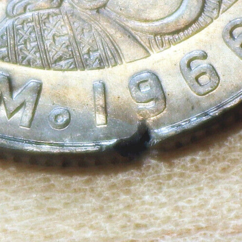 1966 Mexico 50 Centavos Cuauhtémoc Unc. Planchet Error