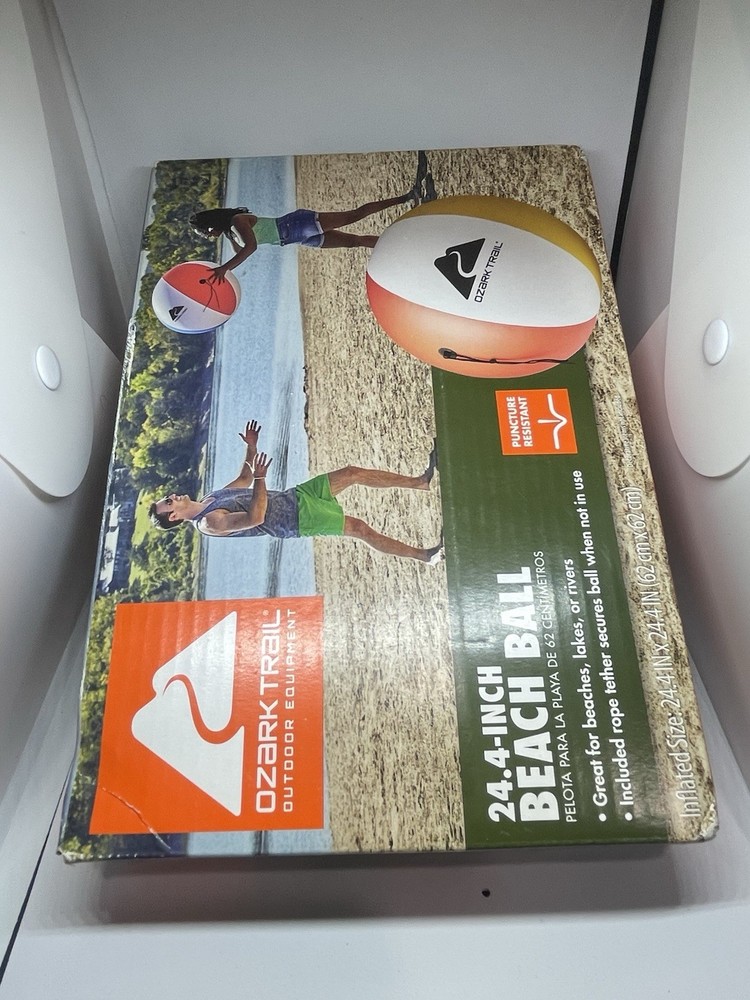 Ozark Trail Inflatable 24.4" Beach Ball w/ Tether Rope, Multicolor - NEW/SEALED