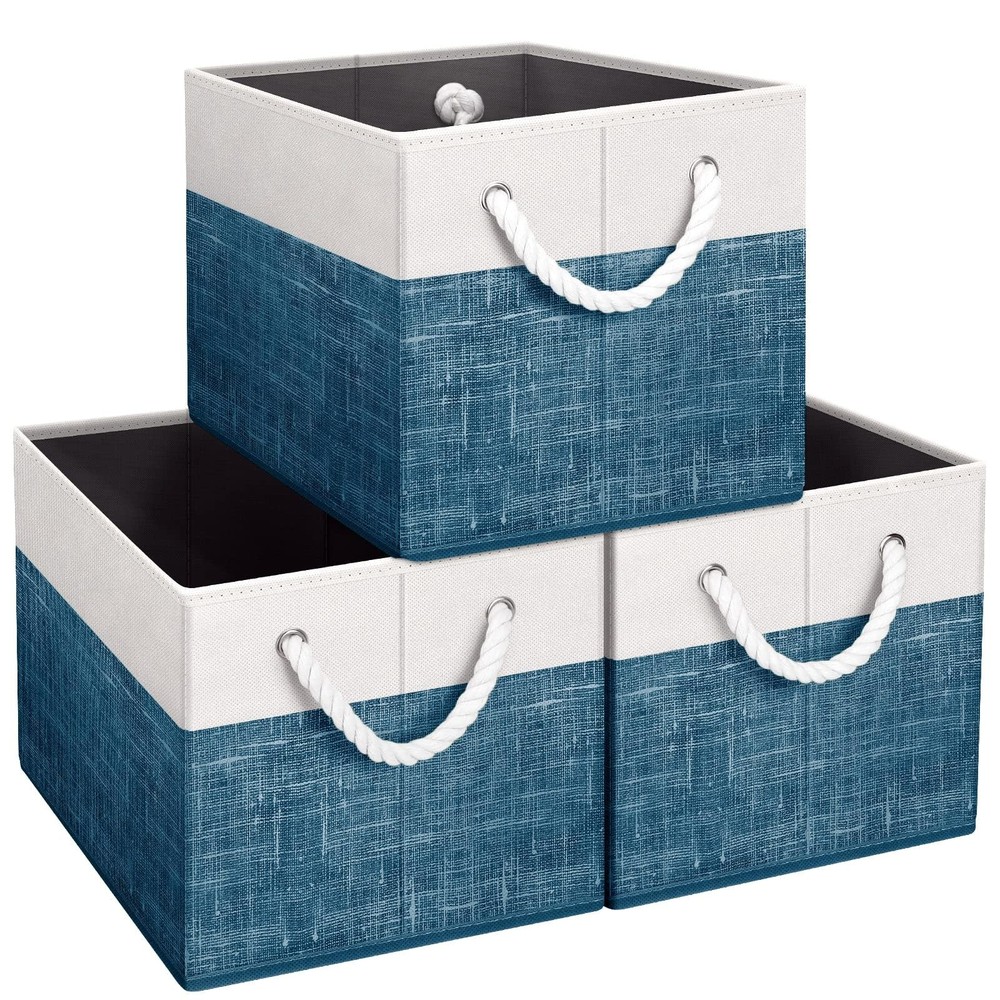 3 Pack Storage Bins Foldable Baskets Large Box Rope Handle White Blue