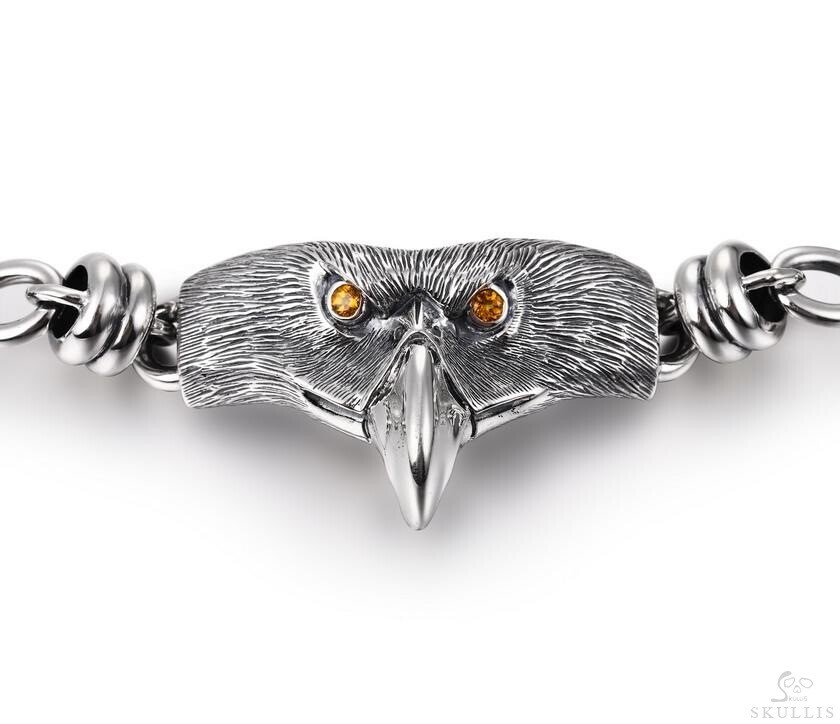 Oxidized 925 Sterling Silver Granet Eyes Eagle with Large Loops Chain Bracelet