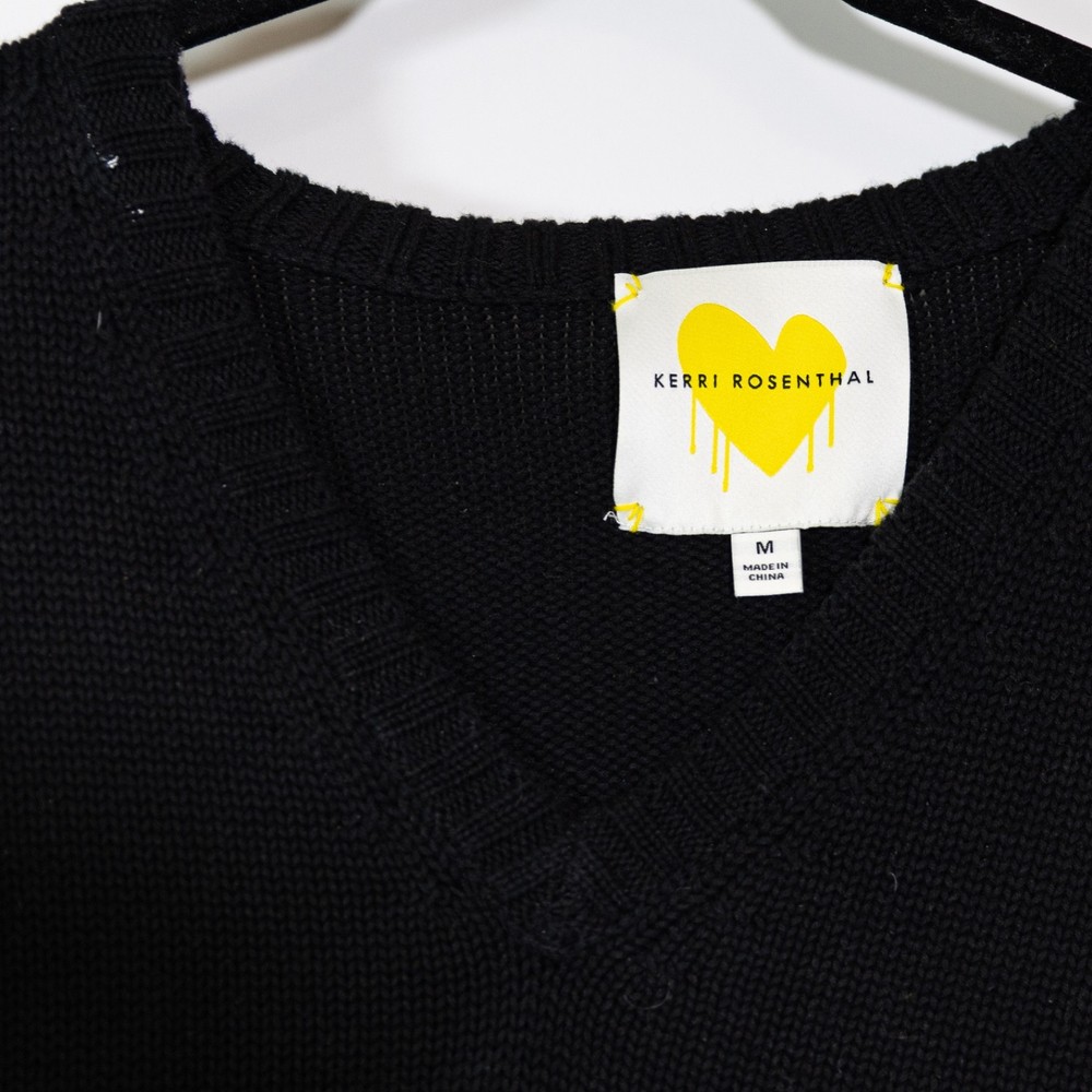 Kerri Rosenthal Cotton Knit Stretch Heart Elbow Patchwork Pullover Sweater Black
