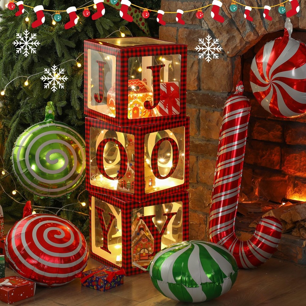 Christmas Joy Pattern Lighted Gift Boxes 16 Pcs Christmas Party Decorations, Lar