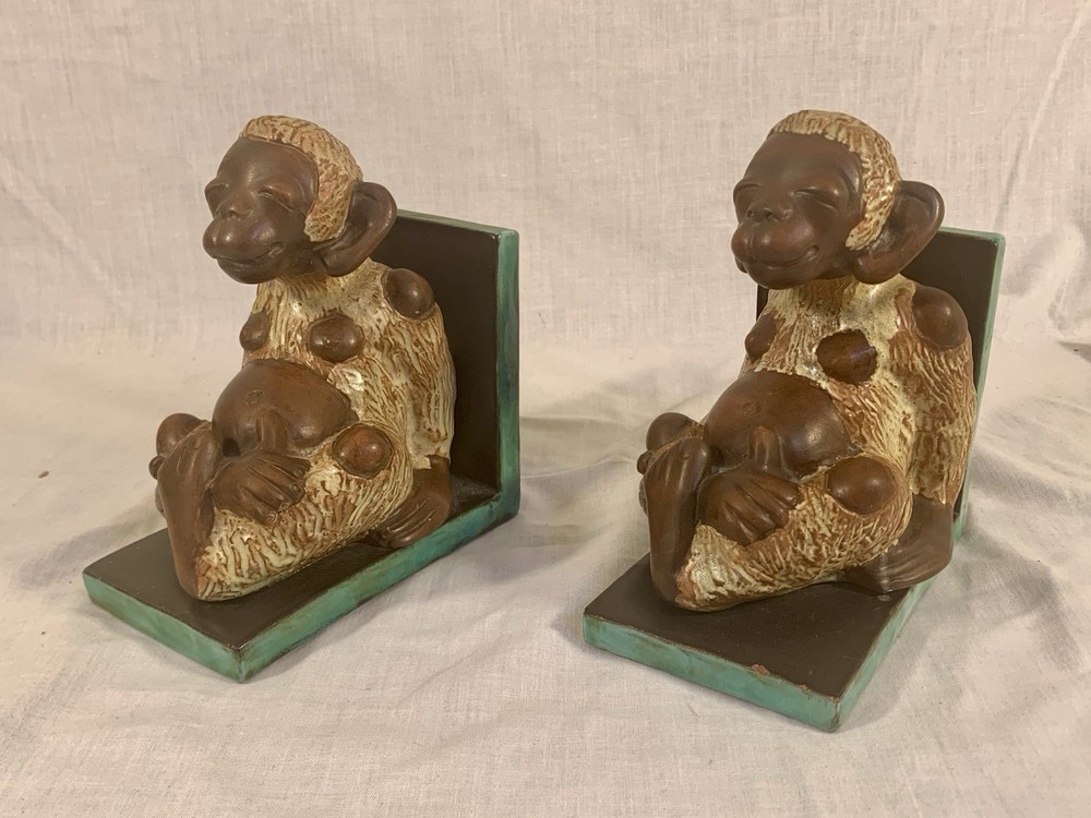 Pair Vtg Ceramic SMILING MONKEY BOOKENDS Large 6"x 3" Size HEAVY