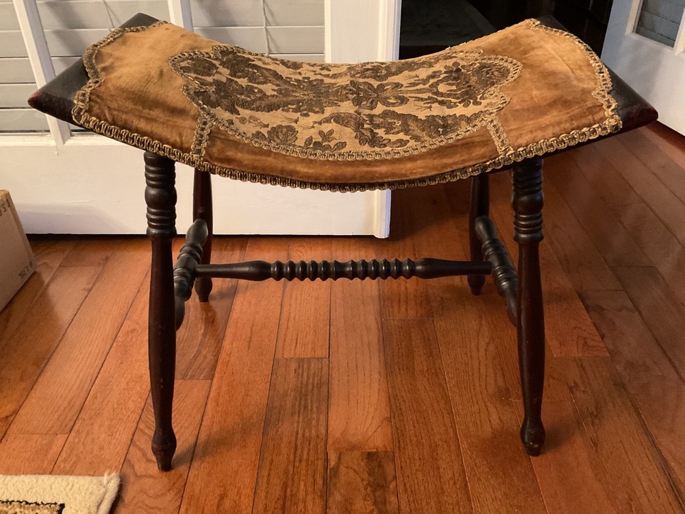 Antique Victorian Solid Wood Bench Stool with Spindle Center Support & Tapestry