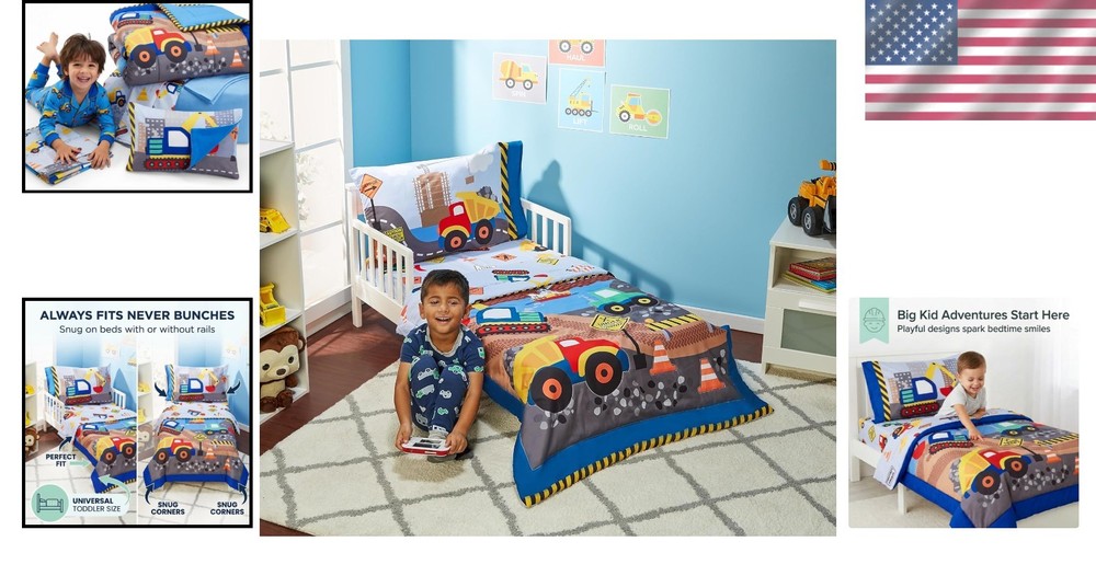 4 Piece Under Construction Toddler Bedding Set - Comforter, Sheets & Pillowcase