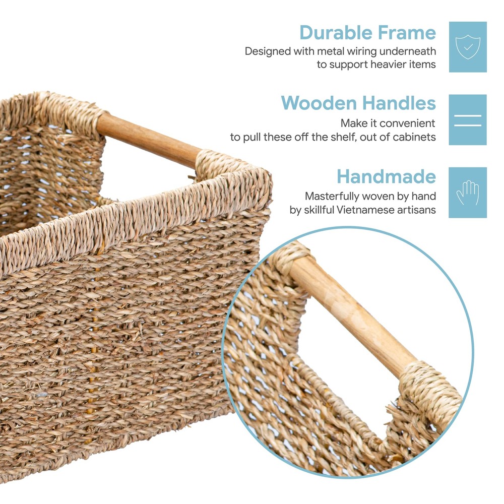 Natural Seagrass Basket With Wooden Handle Medium Rectuangular Wicker Basket For
