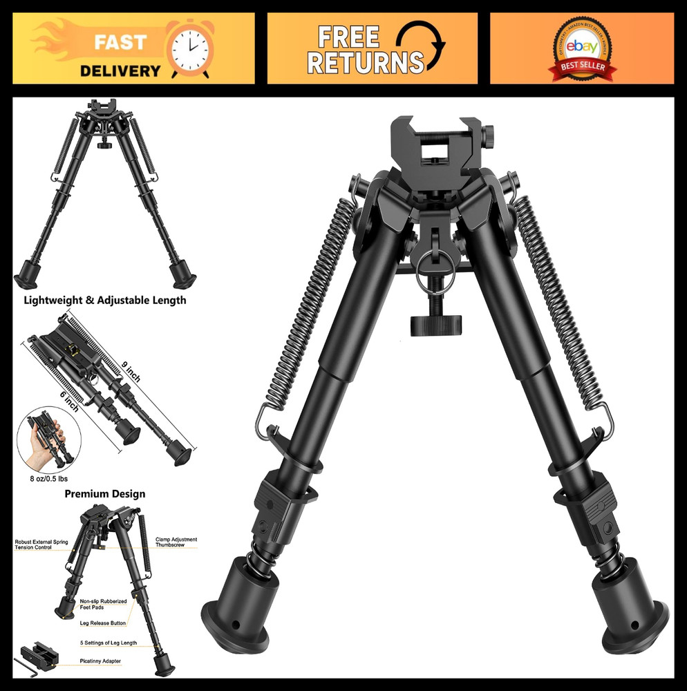 Adjustable 6-9 Inch Picatinny Bipod with Spring Return & Adapter for Stability