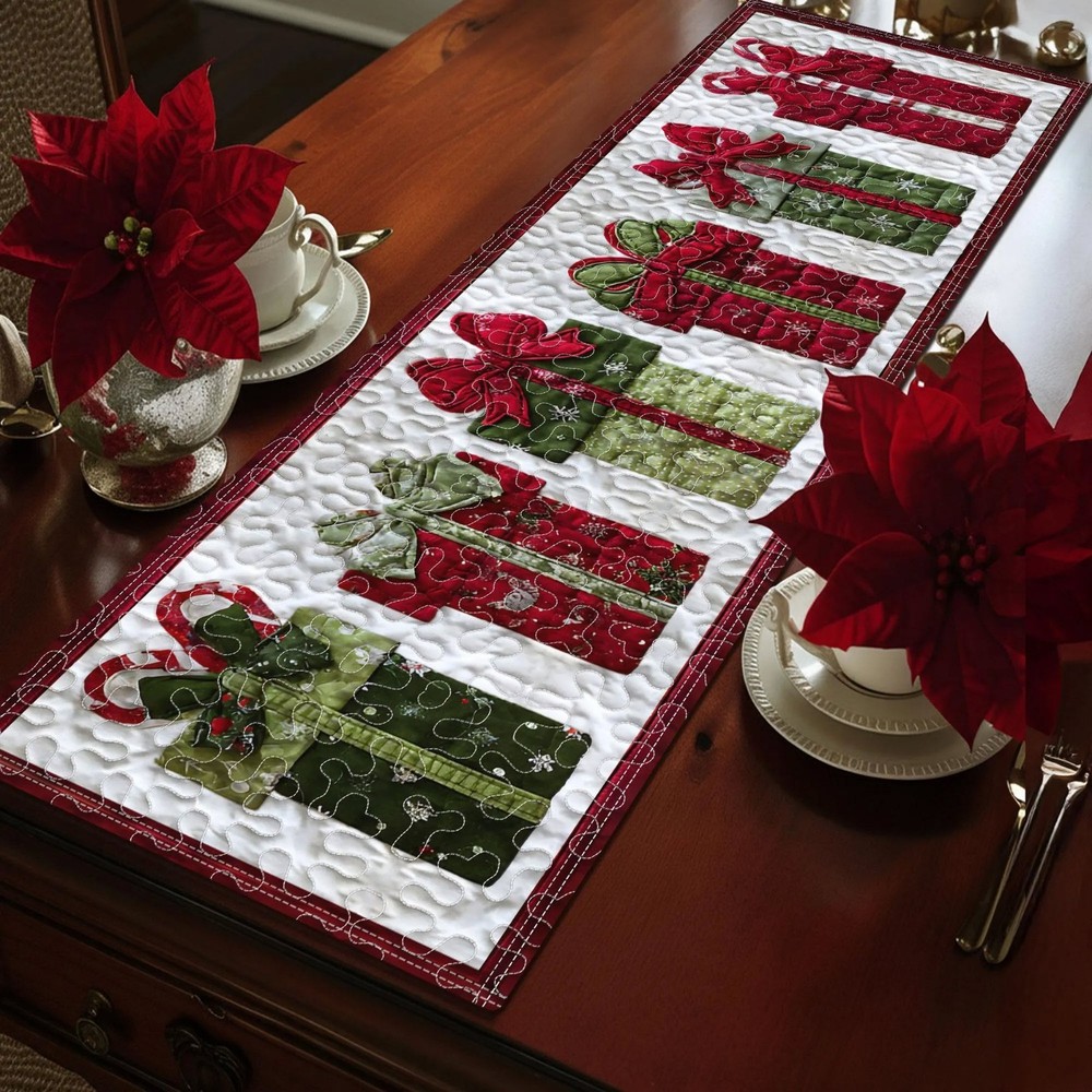 Christmas Present Quilted Table Runner Holiday Dining Decor Kitchen Xmas Gift