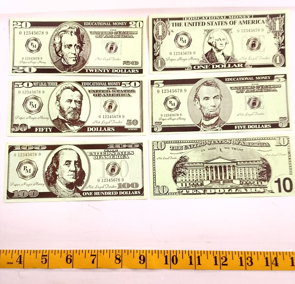 Various dollar bills educational money for teaching