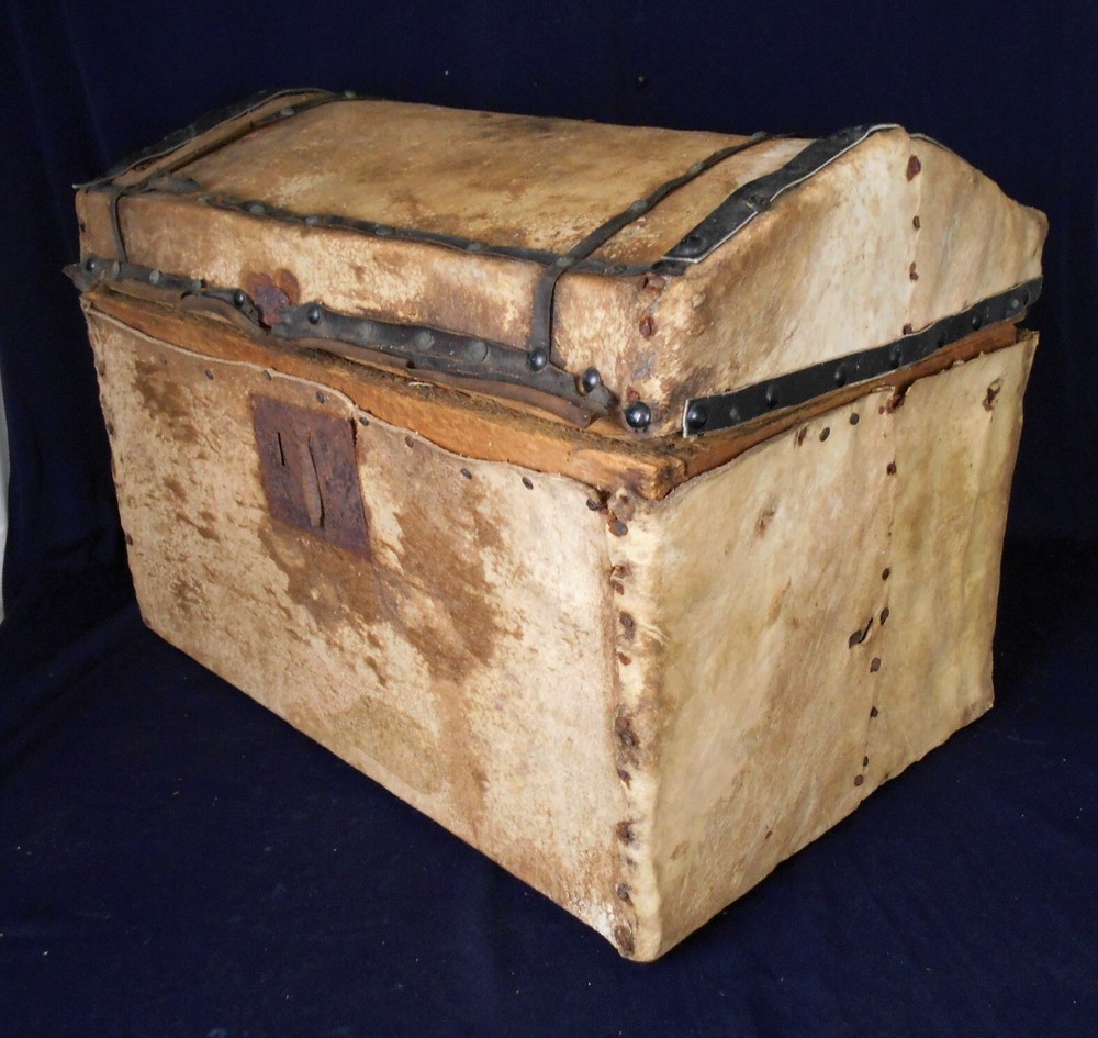 ANTIQUE PRIMITIVE HIDE COVERED DOME TOP TRAVELING TRUNK