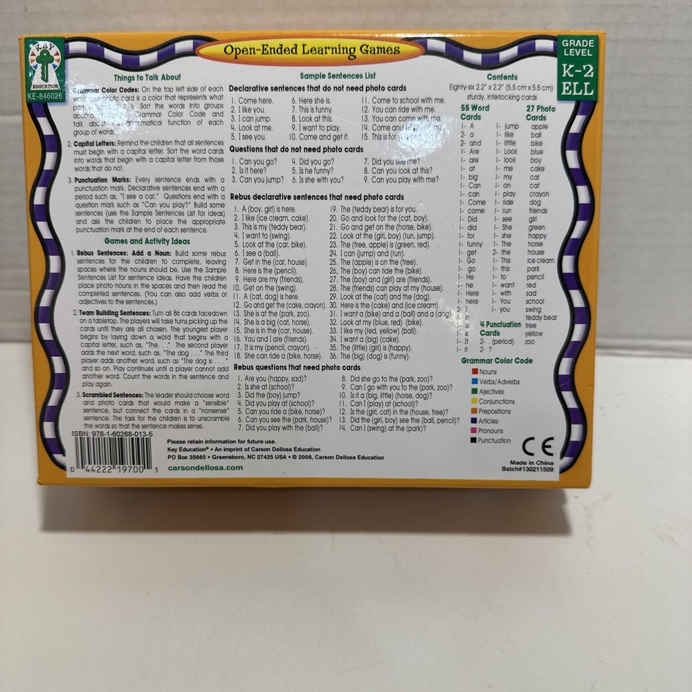 Key Education Open-Ended Learning Games Sentence Building Grade Level K-2