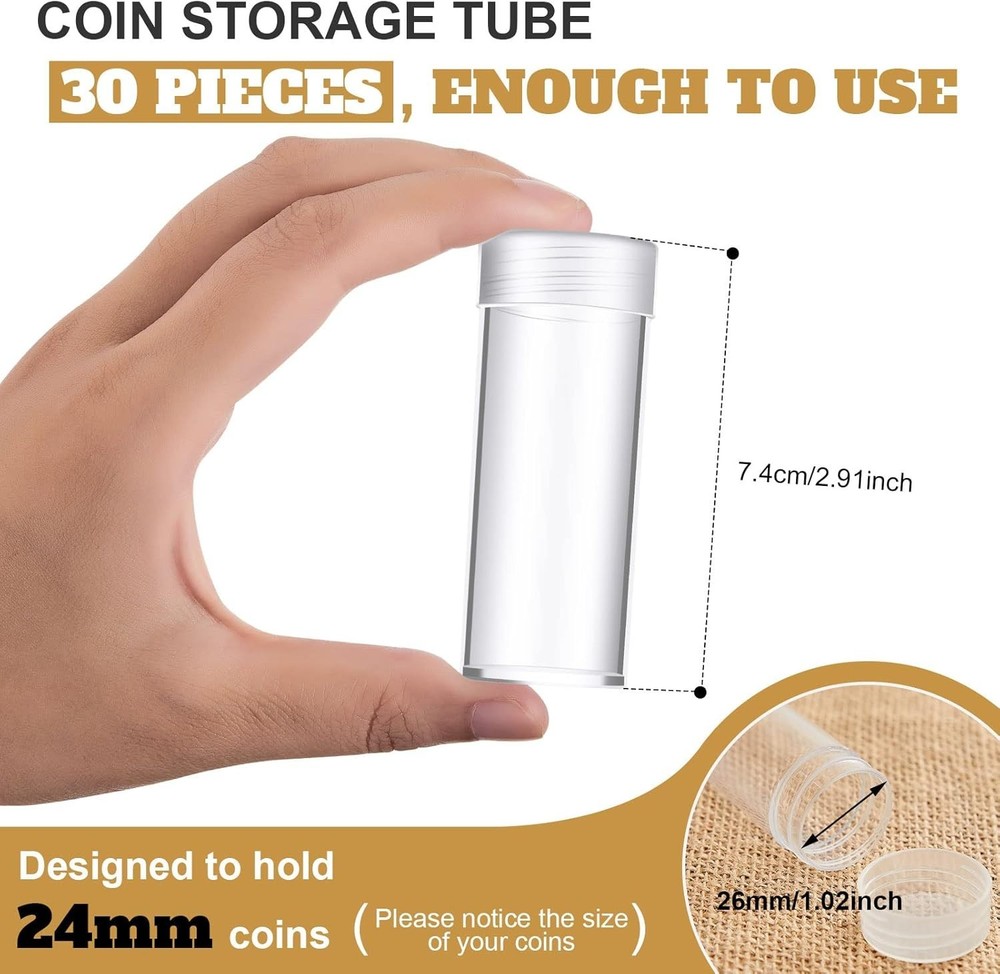 30 Pack Clear Plastic Coin Storage Tubes with Rotatable Lids