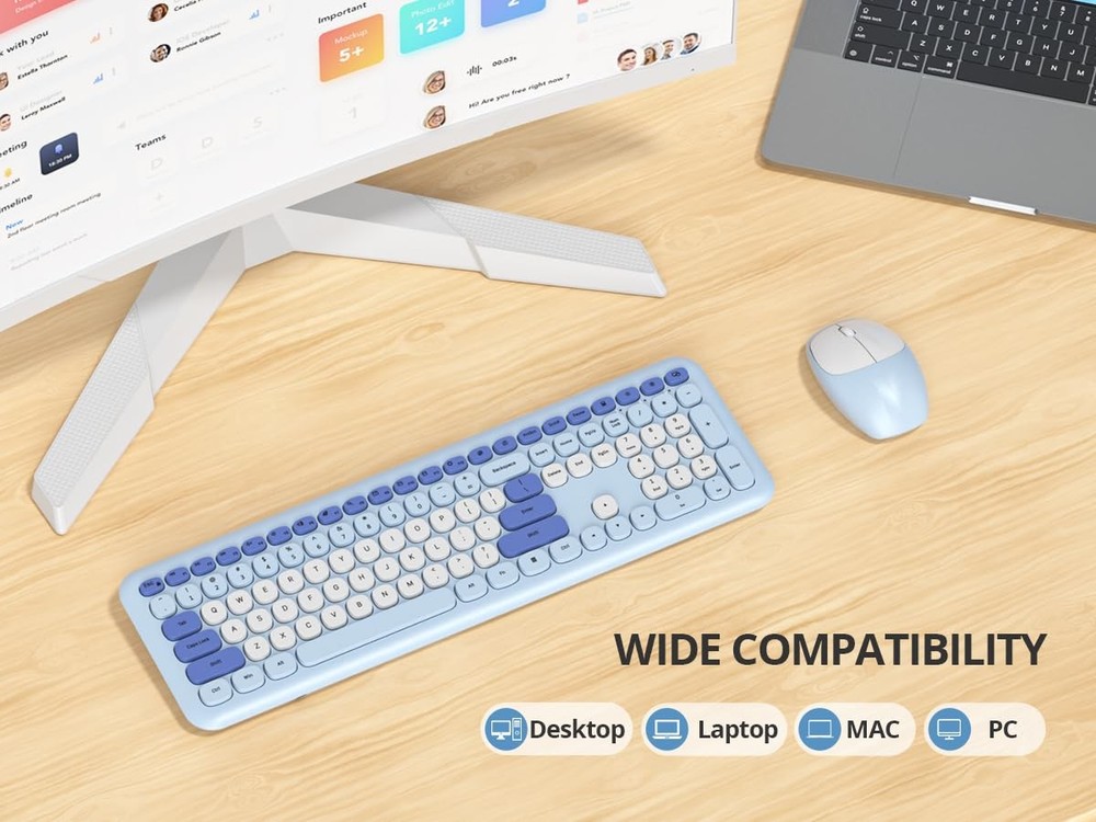 Gradient Blue Wireless Keyboard and Mouse Combo Retro Typewriter Full Size