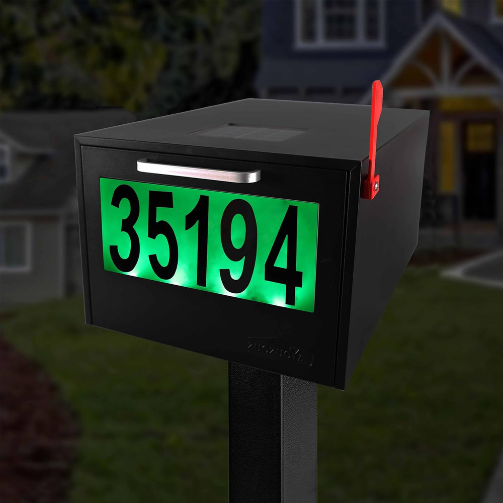 Large Capacity Black Solar Post Mount Mailbox with Night Illumination