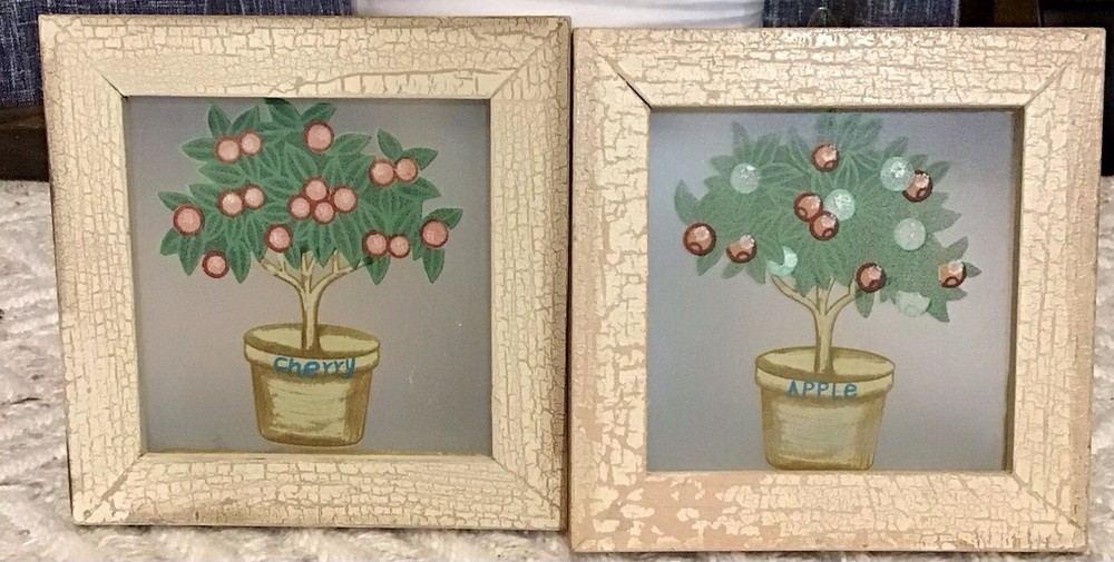 VTG 2 PC Folk Art Cherry & Apple Trees Plaques 6”x6”