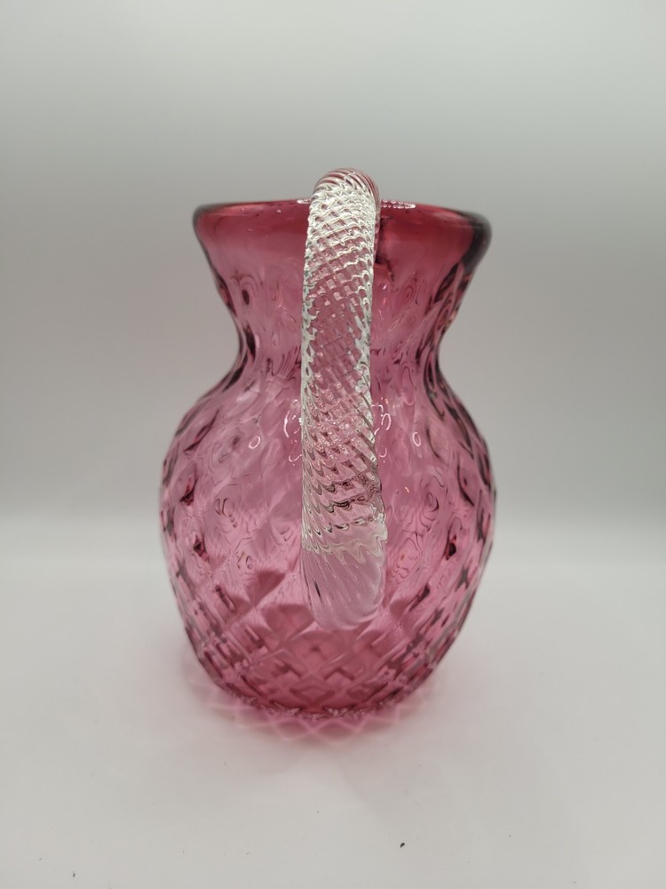 Cranberry Art Glass Pitcher Diamond Pattern With Applied Clear Handle