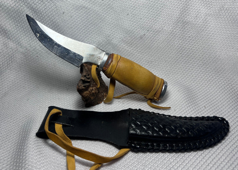 Fixed Blade Custom Handmade Leather Wrapped Handle And Tooled Leather Sheath