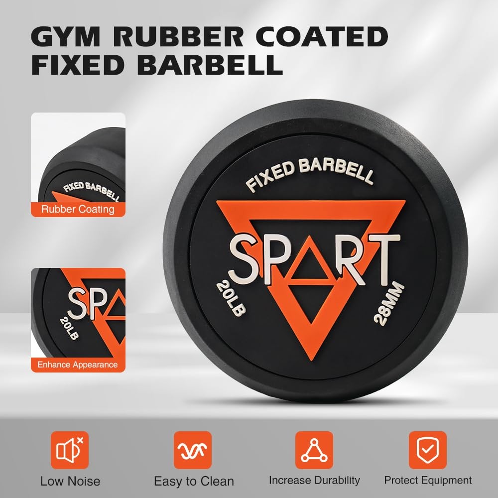 Rubber Coated Fixed Barbell, Pre-Loaded Weights Straight Solid Steel Barbells...