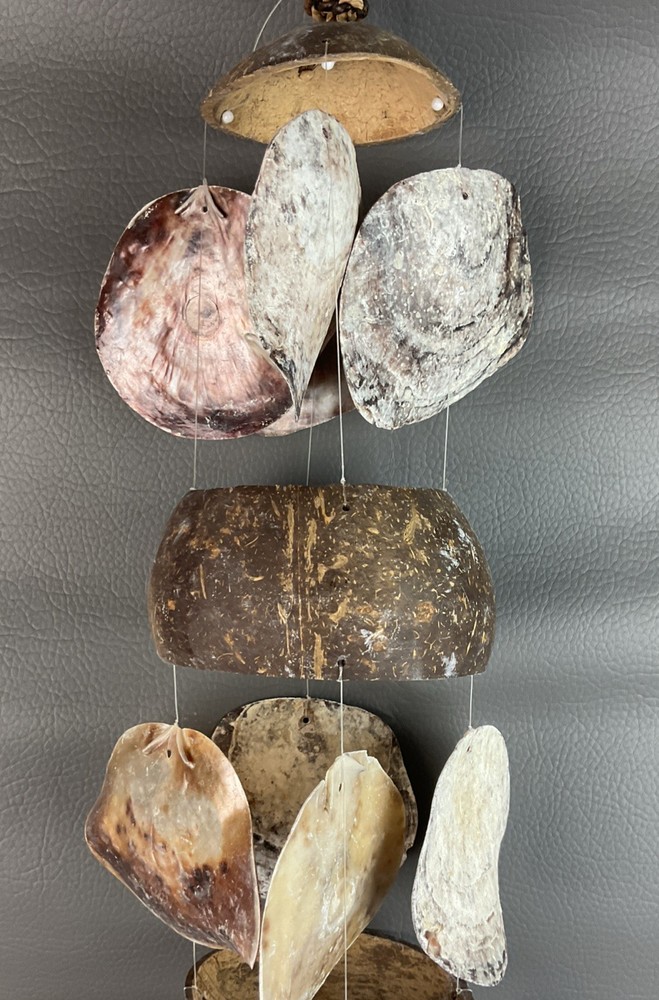 Vtg Capiz & Coconut Shell Boho Macrame Hanging Wind chime Home Decor
