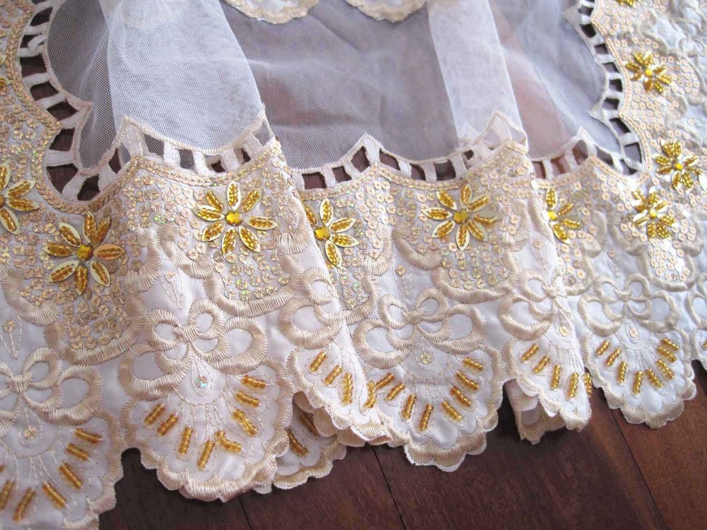 CL@Gorgeous Hand Bead Sequin Embroidery Cutwork Ivory Sheer Patch Table Cloth