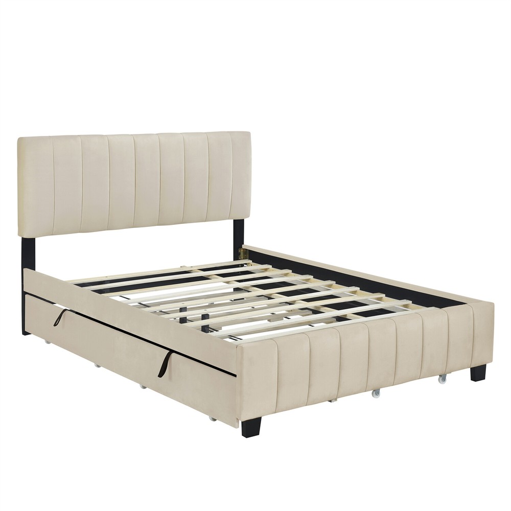 Queen Size Bed Frame Upholstered Platform Bed w/ Pull-Out Trundle & 2 Drawers