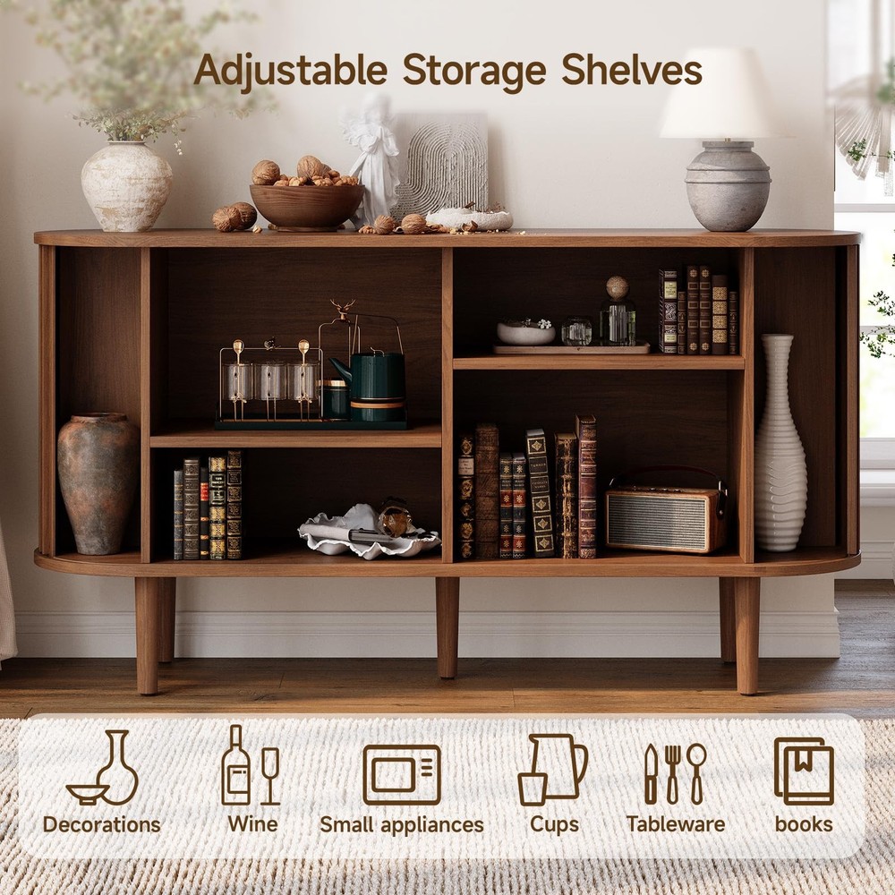 55" MCM Buffet Sideboard Sliding Doors Storage Adjustable Shelves Walnut