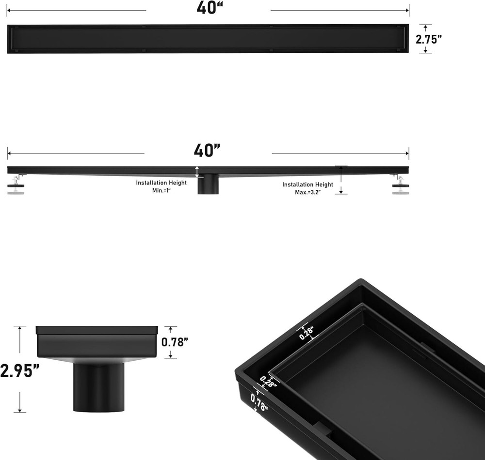 Linear Shower Drain 40" Matte Black 304 Stainless Steel