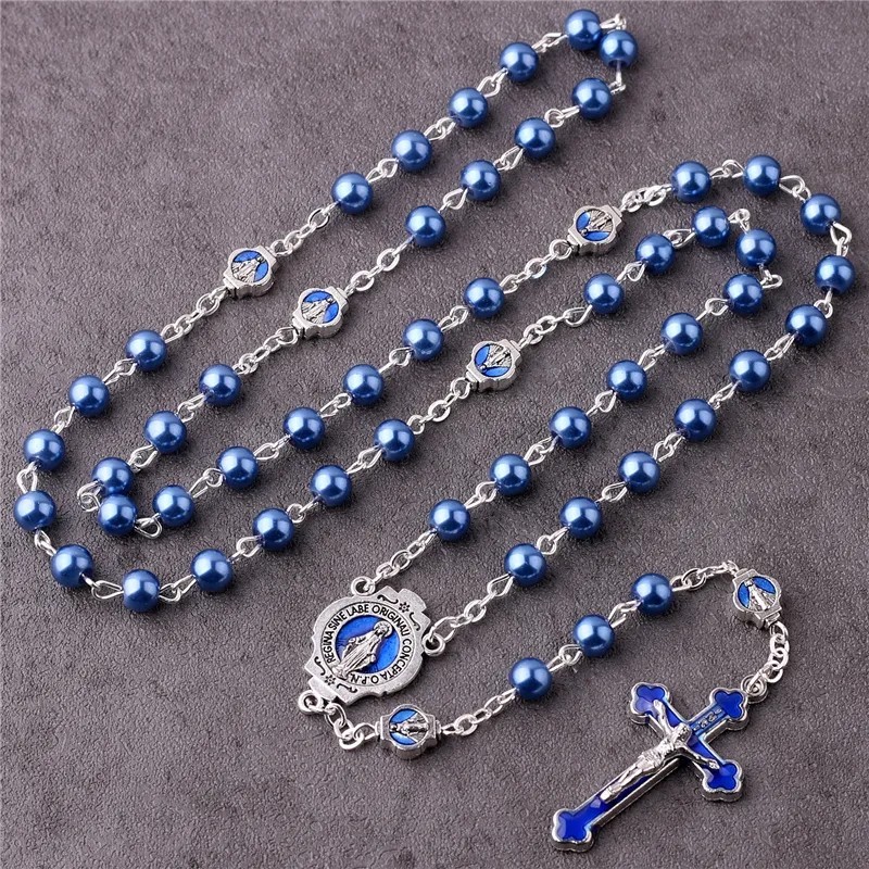Catholic Town Rosary blue glass pearl beads Enamel Crucifix and Miraculous medal